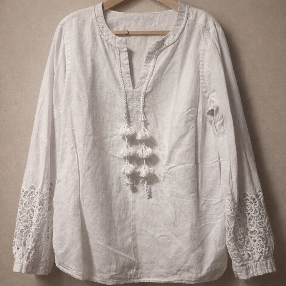 Kobi Halperin White Tassel Peasant Tunic with Lace Cuffs